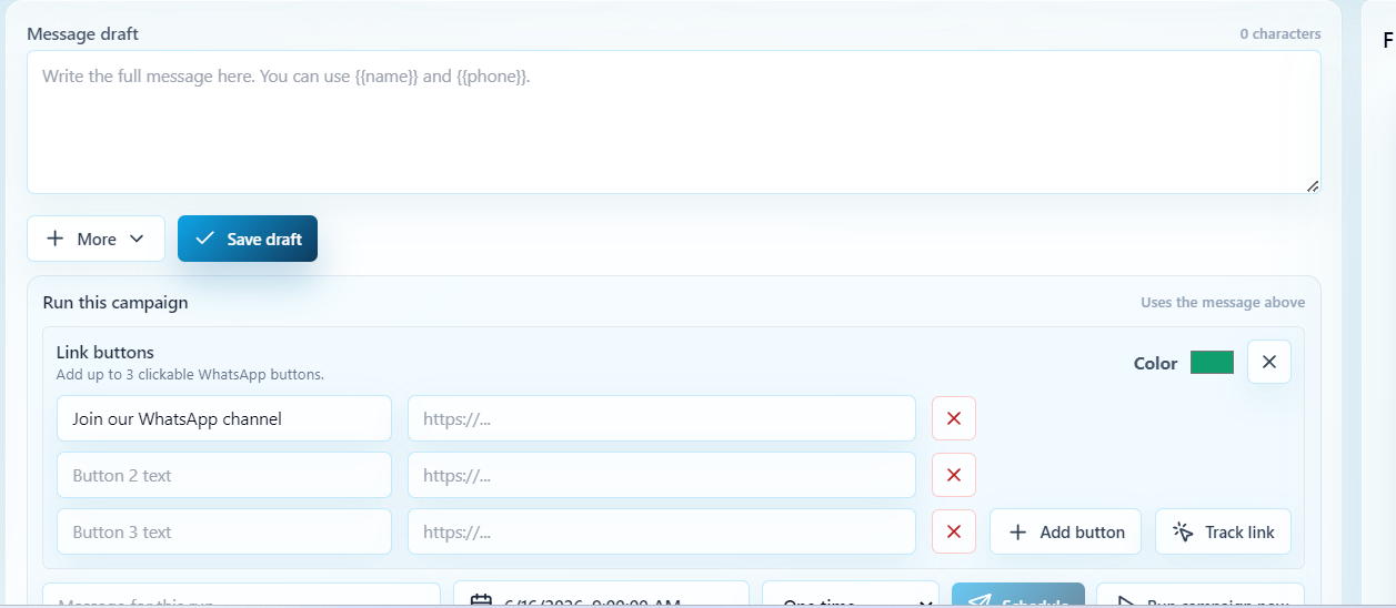 ScheduleX campaign editor and WhatsApp preview screenshot